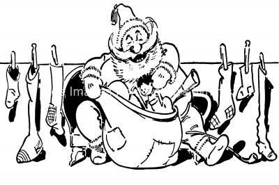 Black and White Christmas Clip Art 7 - Santa with Toys