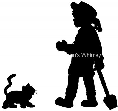 Kitten Silhouette 6 - Child with Shovel and Kitten
