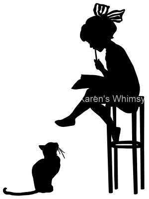 Cat Silhouette Clip Art 4 - Girl Writes with Cat