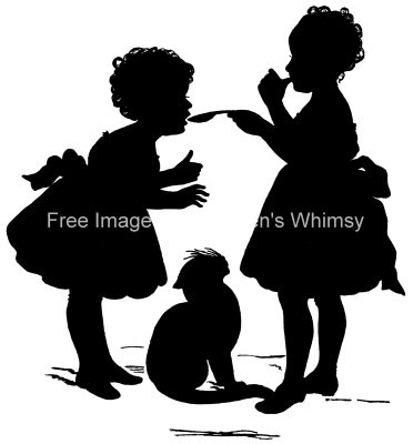 Silhouette of Children 6 - Two Girls and a Cat