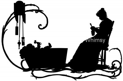 Mother and Child Silhouette 5 - Woman Knits with Baby in Cradle