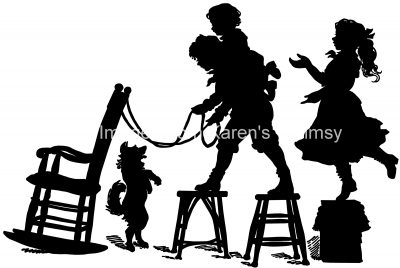 Children Silhouette 1 - Playing on Chairs with a Dog