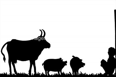Farm Animal Silhouette 13 - Boy with Pigs and Cow
