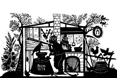 Silhouette Artwork 6 - Blacksmith in his Workshop Surrounded by Birds